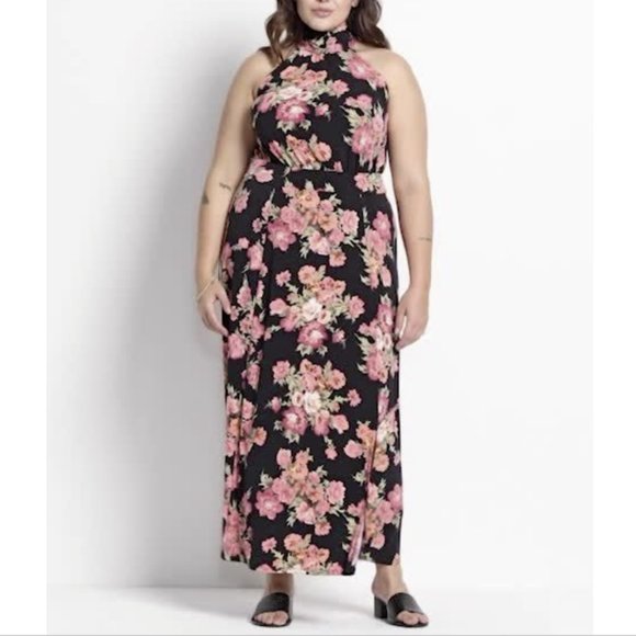 LANE BRYANT BLACK BLISS FLORAL TIE-HALTER NECK MAXI DRESS - Picture 1 of 4